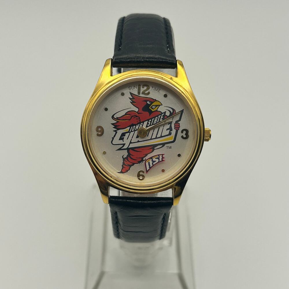 ISU Gold Tone Black Leather Women’s Watch Working New Battery